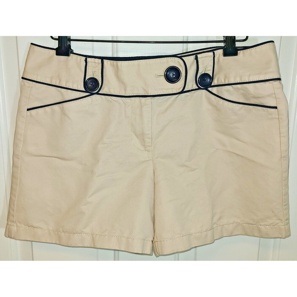 Ann Taylor Sz 6 Khaki Shorts Beige 100% Cotton Flat Front Summer Big Button Belt